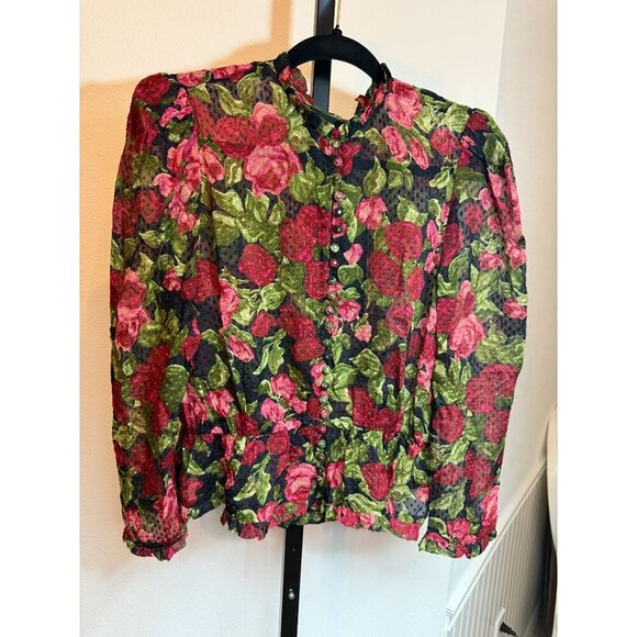 NWT The Kooples Red & Black Floral Silk-Blend Peplum Blouse Size 8 - Picture 2 of 9